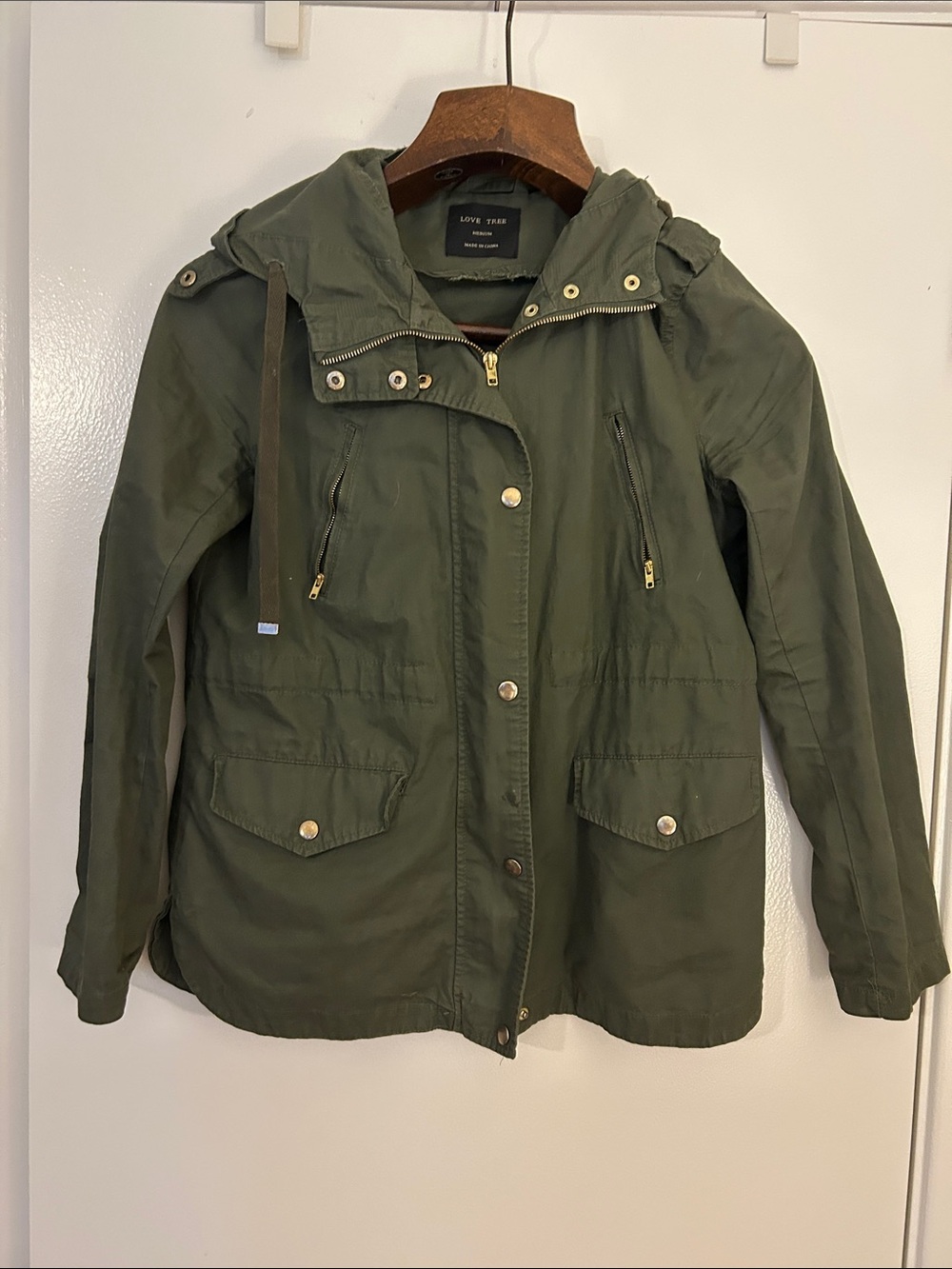 Love Tree Olive Hooded Utility Jacket with Gold Hardware